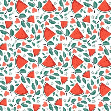 Cute seamless pattern with watermelon, hearts, star and leave Stock Illustration