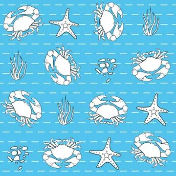 Cute seamless pattern with white crabs, starfish. Vector childish illustratio Stock Illustration