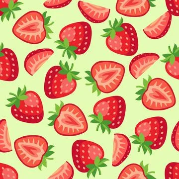 Cute Seamless Pattern with Whole and Sliced Ripe Strawberries on Light Gree.. Stock Illustration