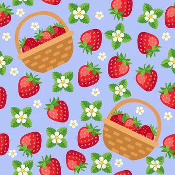 Cute Seamless Pattern with Wicker Baskets, Ripe Strawberries and Flowers on.. Stock Illustration