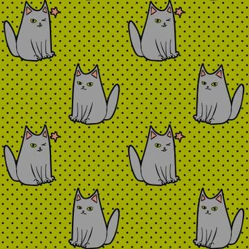 Cute seamless pattern with winking cartoon grey cats Stock Illustration