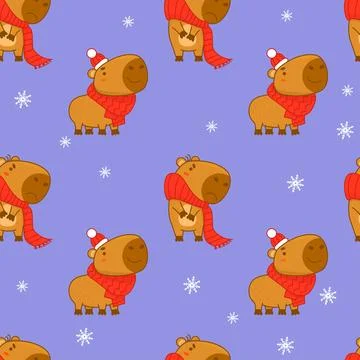Cute Seamless pattern with winter capybara in knitted scarf and hat on purp.. 스톡 일러스트