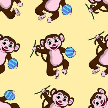 Cute seamless pattern.Cartoon monkey with a ball. Stock Illustration