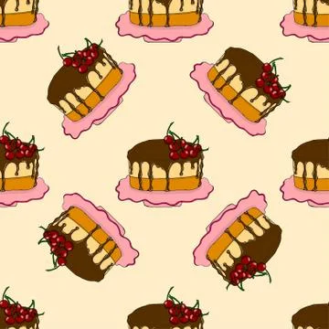Cute seamless pattern.Cherry chocolate cake icon. Stock Illustration