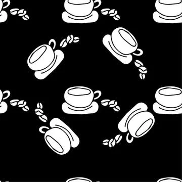 Cute seamless pattern.Hot coffee in a mug, coffee icon in hand drawn Stock Illustration