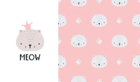 Cute seamless patterns and lettering - meow. Kitty poster. Creative childish Illustrazione stock