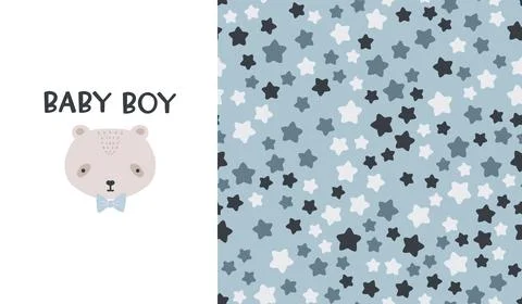 Cute seamless patterns and lettering - baby boy. Creative childish print for Stock Illustration