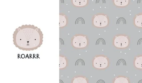 Cute seamless patterns and lettering - roar. Lion face. Creative childish print Illustrazione stock