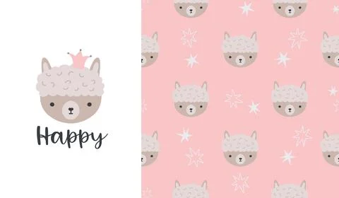 Cute seamless patterns and lettering - happy. Llama face. Creative childish Stock Illustration