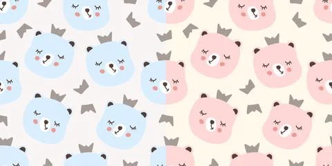 Cute seamless patterns set of blue and pink bear faces with crowns Stock Illustration