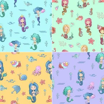 Cute seamless patterns set with mermaids and marine life vector illustration. Illustrazione stock