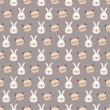 Cute seamless print with Head of rabbit and cat with smile muzzle and eyes Stock Illustration