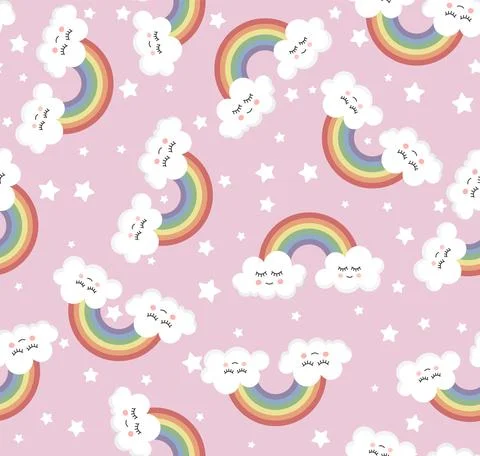 Cute seamless rainbow and clouds pattern. Cartoon style. 스톡 일러스트