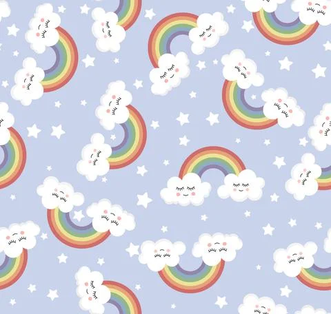 Cute seamless rainbow and clouds pattern. Cartoon style. Stock Illustration