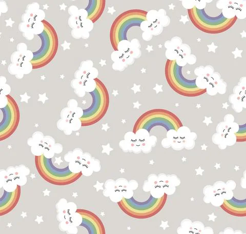 Cute seamless rainbow and clouds pattern. Cartoon style. Illustrazione stock
