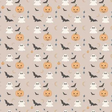 Cute seamless raster pattern with ghosts, pumpkins and bats for Halloween Ilustração Stock