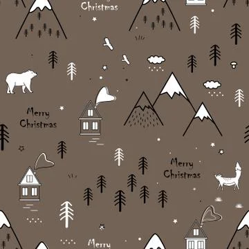 Cute seamless scandinavian pattern with bear, fox, houses and trees, texture イラスト素材