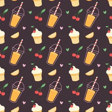 Cute Seamless Summer Pattern with Ice Cream, Juice and Fruits on Dark Background Stock Illustration