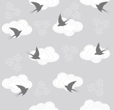 Cute seamless swallow and cloud pattern Stockillustratie