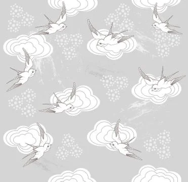Cute seamless swallow and cloud pattern Illustrazione stock