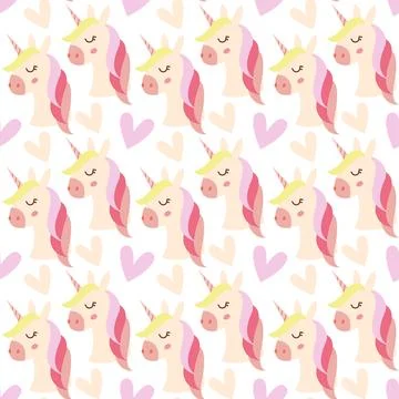Cute Seamless Unicorn Pattern with Hearts Hand Drawn Illustration Stock Illustration