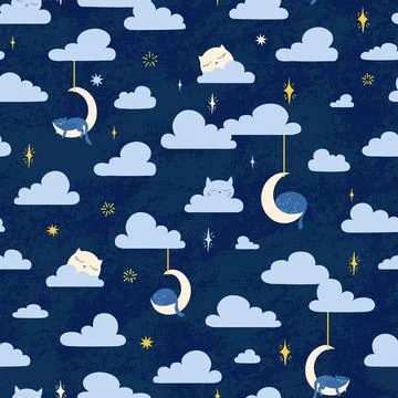 Cute seamless vector pattern, clouds, moons and sleepy cats in a dark night sky Stockillustratie