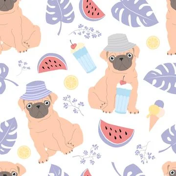 Cute seamless vector pattern of dog pugs, monstera leaves, watermelons, lemon Stock Illustration