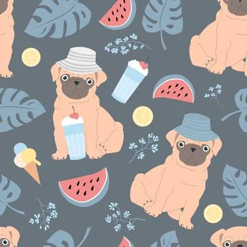 Cute seamless vector pattern of dog pugs, monstera leaves, watermelons, lemon Illustrazione stock