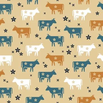Cute seamless vector pattern of farm animals cows, flowers and other elements in Stock Illustration