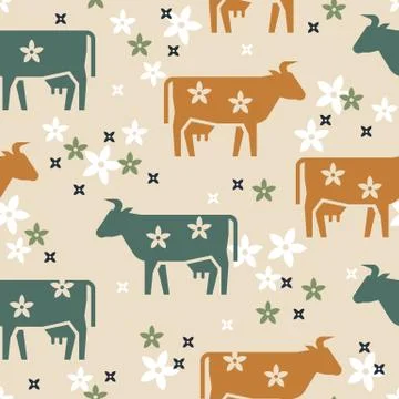 Cute seamless vector pattern of farm animals cows, flowers and other elements in Stock Illustration
