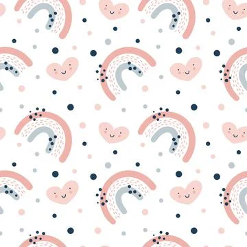 Cute seamless vector pattern with hand drawn scandinavian rainbows and polka dot Stock Illustration