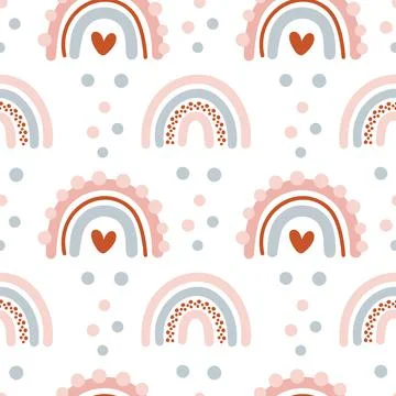Cute seamless vector pattern with hand drawn scandinavian rainbows and polka dot Stock Illustration