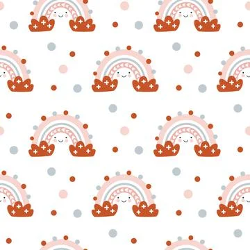 Cute seamless vector pattern with hand drawn scandinavian rainbows and polka dot 스톡 일러스트