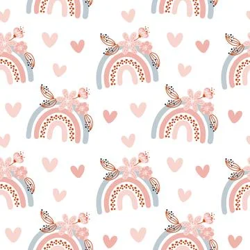Cute seamless vector pattern with hand drawn scandinavian rainbows and summer Stock Illustration