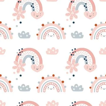 Cute seamless vector pattern with hand drawn scandinavian rainbows and summer Stock Illustration