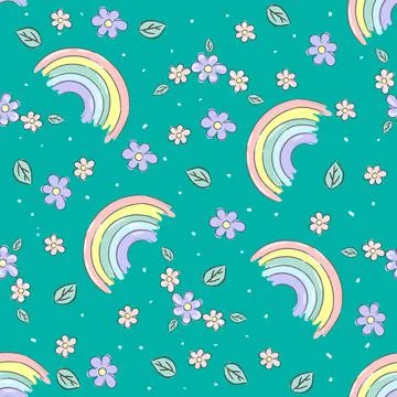 Cute seamless vector pattern with hand drawn rainbows and flowers. Trendy baby Illustrazione stock