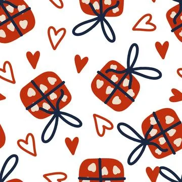 Cute seamless vector pattern illustration with romantic gift boxes and red Illustrazione stock