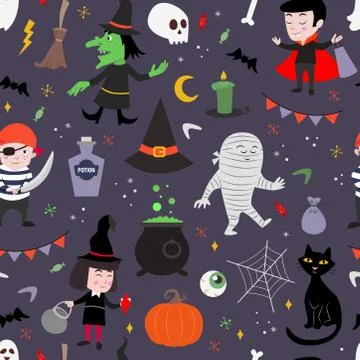 Cute, seamless vector pattern for kids. Halloween holiday. Stock Illustration