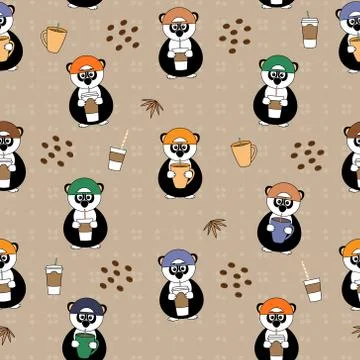 Cute seamless vector pattern with panda drinking coffee or tea from cup Stock Illustration