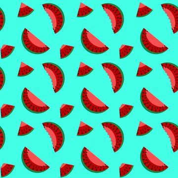 Cute seamless vector pattern with watermelon slices on a blue background. De Stock Illustration