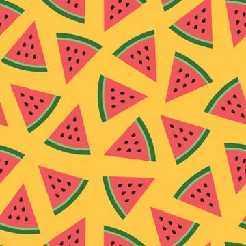 Cute seamless vector pattern with watermelons on yellow background Stock Illustration