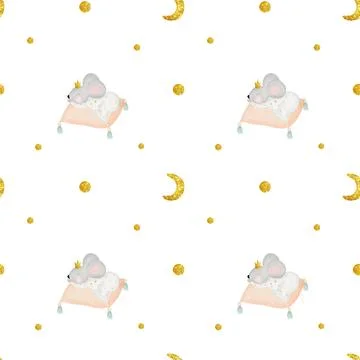 Cute seamless watercolor pattern of a mouse sleeping on a pillow. Kawaii drawing Stock Illustration