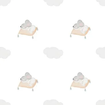Cute seamless watercolor pattern of a mouse sleeping on a pillow and around a Stock Illustration