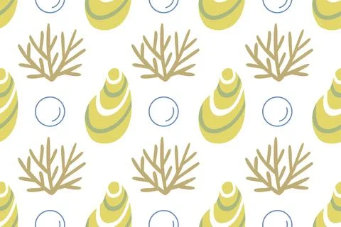 Cute Seashell and Coral Vector Seamless Pattern Stock Illustration