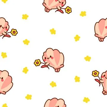 Cute seashell with smiling face. Seamless pattern. Stock Illustration