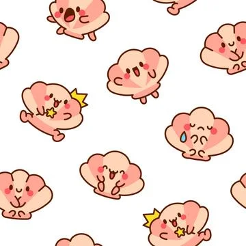 Cute seashell with smiling face. Seamless pattern. Stock Illustration