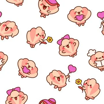 Cute seashell with smiling face. Seamless pattern. Illustrazione stock