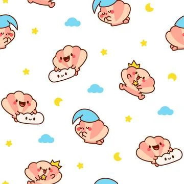 Cute seashell with smiling face. Seamless pattern. Illustrazione stock