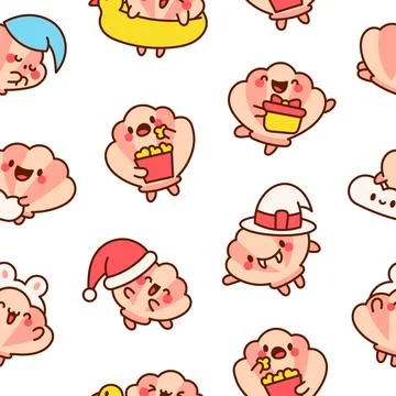 Cute seashell with smiling face. Seamless pattern. Stock Illustration