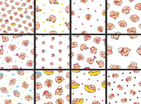 Cute seashell with smiling face. Seamless pattern. Illustrazione stock